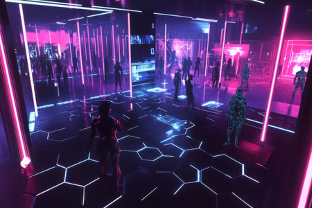 A high-tech virtual reality gaming arena with hexagonal grid floors that change dynamically. The players wear immersive suits with neural interfaces, while holographic battle environments shift in real time. The neon cyberpunk aesthetic enhances the digital competition.の素材