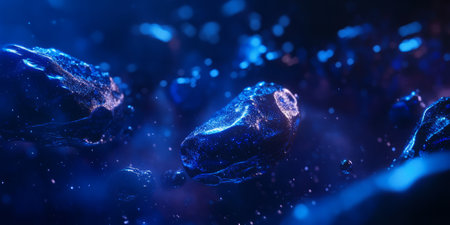 A space-inspired 3D background displaying an asteroid field with floating metallic rocks illuminated by the soft glow of distant stars. The dark environment is enriched with deep blue and purple hues, adding a cosmic and mysterious feel.の素材