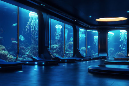 A grand underwater observatory 3D background room with enormous glass windows showcasing deep-sea creatures, glowing jellyfish, and coral reefs. The soft blue lighting and futuristic technology create a tranquil yet awe-inspiring ambiance.の素材