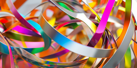 A bold and artistic 3D background composed of interwoven metallic ribbons reflecting vibrant neon colors. The abstract composition creates a sense of movement and energy, with complex light interactions and futuristic aesthetics.の素材