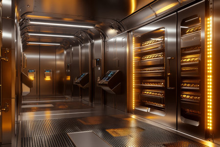 A sleek, high-security vault 3D background room with massive steel doors, biometric scanners, and stacks of gold bars neatly arranged under dim, sterile lighting. The metallic surfaces and ultra-secure design give off an intense, powerful atmosphere.の素材
