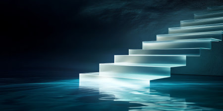 A surreal 3D background depicting a never-ending staircase made of luminous glass, floating in a dark void. The light refractions and reflections create an ethereal, dreamlike quality.の素材