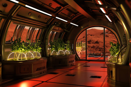 A high-tech Mars colony habitat 3D background room with advanced life-support systems glowing softly, hydroponic plants growing inside transparent domes, reinforced metal walls with oxygen controls, and a large observation window showing the barren red landscape of Mars.の素材