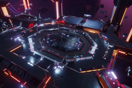 A massive space station featuring an intricate hexagonal docking system. The glowing landing pads, AI-guided spacecraft alignment, and futuristic aerospace engineering aesthetics create an immersive intergalactic travel hub.の素材