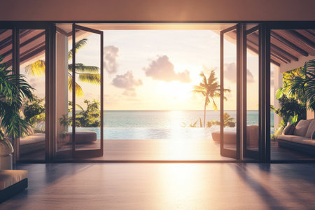 A tropical beachside villa 3D background room with wide-open glass doors leading to a private infinity pool. The minimalist modern interior is bathed in warm sunlight, enhanced by the gentle sound of waves crashing outside.の素材