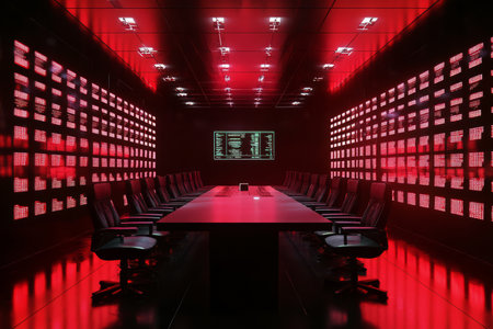 A high-tech secret agent briefing room 3D background filled with digital screens displaying classified information, sleek metallic walls lined with advanced weaponry, a central conference table with interactive holograms, and dim red lighting casting a shadowy ambiance.の素材