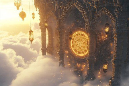 A mystical floating temple 3D background room suspended in the clouds, featuring intricate stone carvings, glowing runes, and levitating lanterns. The peaceful atmosphere is enhanced by soft golden sunlight filtering through the ethereal mist that surrounds the sacred space.の素材