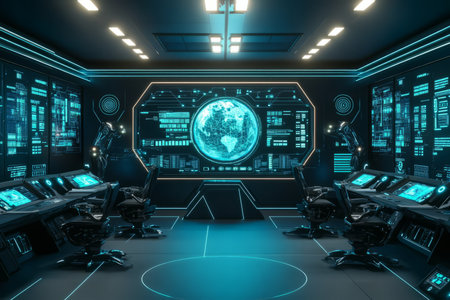 A high-tech AI command center 3D background room with holographic displays showing global data streams, futuristic ergonomic chairs, robotic arms assisting with data processing, and glowing circuits embedded in the walls, pulsing with energy.の素材