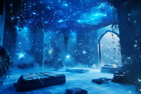A celestial dreamscape 3D background room with levitating furniture, soft glowing blue mist, and floating constellations embedded in the ceiling. The entire space feels like an ethereal sanctuary beyond reality.の素材