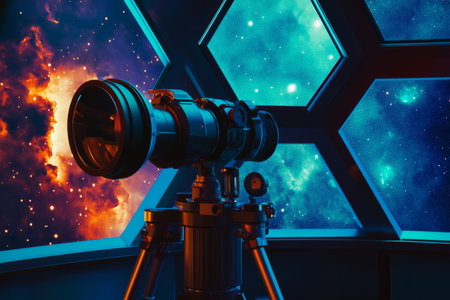 A high-tech space observatory with hexagonal lenses that magnify distant galaxies. The futuristic AI-assisted telescope interface, glowing holographic constellations, and deep-space visuals create an immersive cosmic exploration scene.の素材