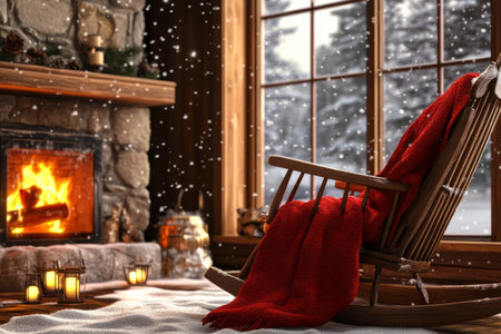 A cozy winter cabin 3D background room with a roaring fireplace, thick wool blankets draped over a wooden rocking chair, and snow gently falling outside a frosted window. The warm glow of lanterns and the scent of pine create an inviting atmosphere.の素材
