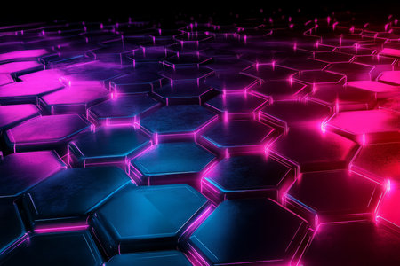 A neon-infused 3D background where hexagonal grids form a glowing digital cityscape. The interplay of bright pink, cyan, and purple hues against a deep black void creates a cyber-futuristic aesthetic, perfect for virtual reality, gaming, and sci-fi themes.の素材