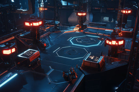 A sci-fi defense facility where hexagonal energy shields protect against incoming laser blasts. The advanced security turrets, glowing warning indicators, and cybernetic battle drones create a highly immersive futuristic warzone.の素材