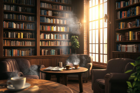 A cozy book cafÃÂ© 3D background room with warm wooden shelves packed with books, soft golden lighting, and steaming cups of coffee on rustic tables. The inviting atmosphere is enhanced by plush armchairs and large windows letting in soft, natural light.の素材