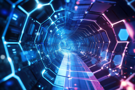 A high-speed cyber tunnel with glowing hexagonal panels forming a seamless neon-lit vortex. The futuristic transportation system is designed for high-velocity digital travel, creating an immersive sci-fi visual experience.の素材
