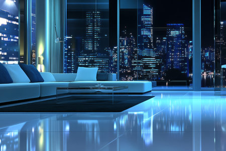 A sleek billionaireÃ¢â¬â¢s penthouse 3D background room with an expansive open floor plan, high-end designer furniture, and a panoramic glass wall showing a vibrant nighttime cityscape. The ultra-modern aesthetic exudes sophistication.の素材