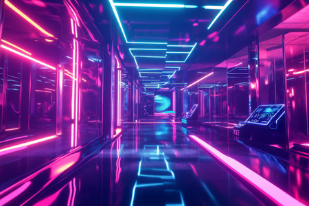 A neon-lit underground nightclub 3D background room with glowing dance floors, vibrant laser lights reflecting off mirrored walls, futuristic DJ booths with holographic music waveforms, and a lively cyberpunk-inspired atmosphere.の素材
