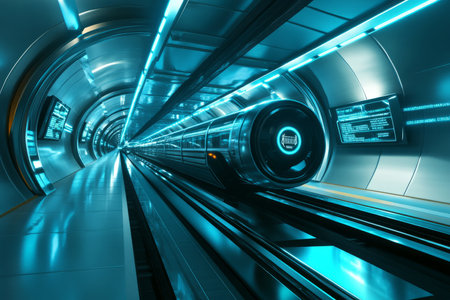 A futuristic hyperloop station 3D background room with sleek, curved architecture, glowing navigation signs, and a high-speed train suspended in a glass tunnel. The smooth metallic surfaces reflect the vibrant blue neon lighting.の素材