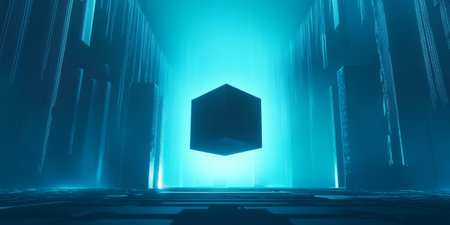 A futuristic 3D background featuring a levitating digital cube surrounded by floating data streams and glowing binary code. The deep blue and cyan tones create a sleek, technology-inspired visual aesthetic.の素材