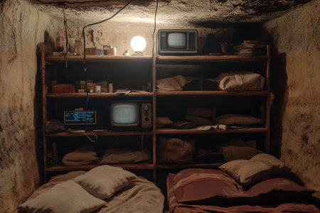 A post-apocalyptic survival bunker 3D background room with shelves stocked with emergency supplies, makeshift beds, and a dusty old radio crackling with static. The rugged, dimly lit space tells a story of resilience and survival.の素材