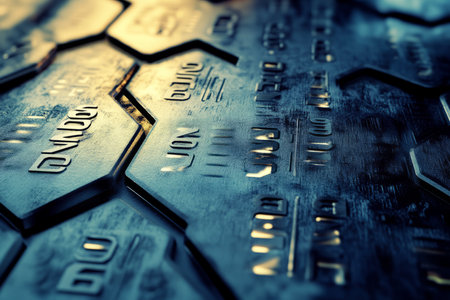 A futuristic industrial 3D background featuring hexagonal metal plates with engraved numbers and barcodes, forming an advanced cyber-security interface. The subtle metallic sheen and dim neon backlight add a high-tech, secure, and professional aesthetic.の素材