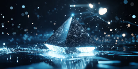 A futuristic 3D background depicting a levitating metallic pyramid surrounded by hovering light particles. The dramatic lighting and reflective surfaces enhance the high-tech, sci-fi aesthetic.の素材
