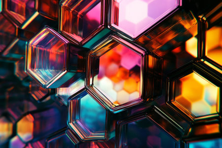 A surreal 3D background where hexagons appear as windows into alternate realities, each reflecting a different abstract pattern. The combination of vibrant colors and shifting perspectives creates a dreamlike, futuristic, and artistic sci-fi aesthetic.の素材