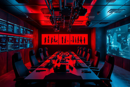 A high-tech secret agent briefing room 3D background filled with digital screens displaying classified information, sleek metallic walls lined with advanced weaponry, a central conference table with interactive holograms, and dim red lighting casting a shadowy ambiance.の素材