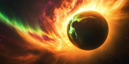 A cosmic 3D background depicting a massive, luminous planet partially eclipsed by its shadow, surrounded by a vibrant aurora. The swirling atmospheric gases and soft glowing stars add depth and mystery.の素材