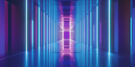 A hypnotic 3D background showing an infinite corridor of glowing blue and purple pillars extending into the distance. The symmetrical design and the play of light and shadows create a mesmerizing, futuristic aesthetic.の素材