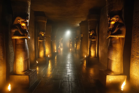 A mysterious underground temple 3D background room with ancient glowing hieroglyphs carved into stone pillars, large golden statues of forgotten gods, and flickering torches casting eerie light across the chamber. The atmosphere is filled with mystery and history.の素材