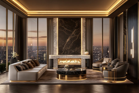 A luxury penthouse lounge 3D background room with panoramic city views, elegant designer furniture, and a sleek marble fireplace. The ambient golden lighting enhances the opulent, high-end ambiance.の素材