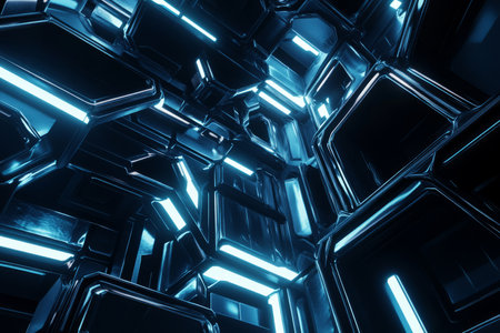 A hyper-modern architectural structure with walls, ceilings, and floors made entirely of interconnected hexagonal panels. The sleek metallic surfaces reflect soft blue neon lights, while hidden LED strips create a mesmerizing geometric pattern, adding depth and dimension to the futuristic scene.の素材