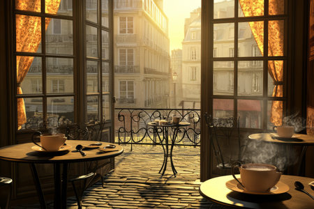 A charming Parisian cafÃÂ© 3D background with elegant wrought-iron tables, steaming cups of espresso, and a warm golden sunset casting soft shadows over cobblestone streets visible through an open window. The romantic ambiance is inviting and elegant.の素材