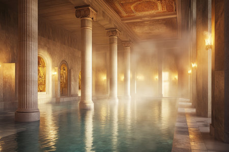 A grand ancient Roman bathhouse 3D background room with towering marble columns, steaming pools of crystal-clear water, golden mosaics depicting mythological gods, and soft ambient torchlight creating a luxurious and serene environment.の素材