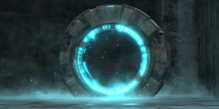 A sci-fi 3D background showcasing a circular energy portal radiating with glowing cyan light. The floating particles around the portal enhance the futuristic and mysterious vibe.の素材
