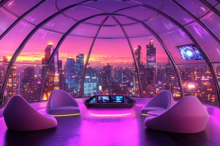 A futuristic glass dome 3D background room with a panoramic view of a cyberpunk city, filled with high-tech furniture and floating holographic displays. The ambient neon glow reflects off the sleek metallic surfaces, creating a stunning, immersive sci-fi atmosphere.の素材