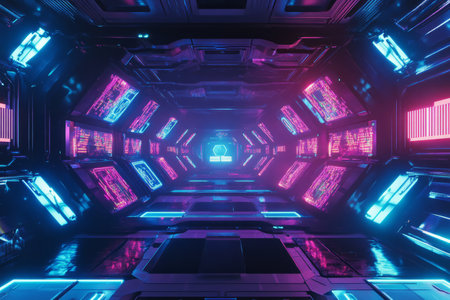 A futuristic concert stage where massive hexagonal LED panels display pulsating visuals in sync with electronic music beats. The vibrant neon light show, laser effects, and holographic performers create an electrifying cyberpunk atmosphere.の素材