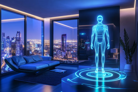 A luxurious sci-fi penthouse 3D background room with levitating furniture, floor-to-ceiling windows showcasing a cyberpunk city, and an AI-controlled personal assistant designed as a glowing humanoid figure.の素材