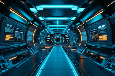 A futuristic teleportation hub 3D background room with glowing blue energy portals lining the walls, digital signboards displaying interplanetary destinations, high-speed transport tubes connecting to different levels, and sleek robotic attendants assisting travelers.の素材