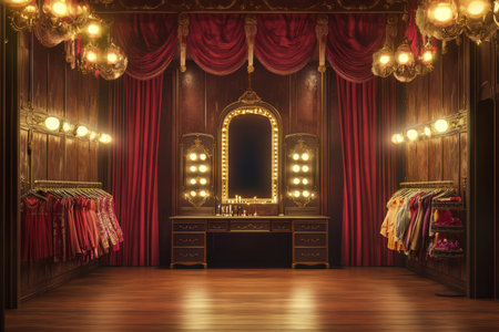 A grand opera house backstage 3D background room with luxurious red velvet curtains, antique wooden dressing tables with bright mirror lights, and racks of elegant costumes. The warm golden lighting enhances the dramatic theatrical ambiance.の素材