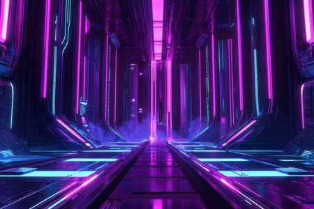 A neon-lit urban club 3D background room with pounding bass speakers, LED panels flashing synchronized light patterns, a central dance floor filled with cyberpunk-inspired dancers, fog machines enhancing the electrifying ambiance, and a futuristic bar serving glowing cocktails.の素材