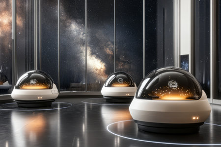 A sleek high-tech space observatory 3D background room with massive glass domes revealing a spectacular view of distant galaxies. Advanced telescopic interfaces and holographic star maps float above the metallic floors.の素材