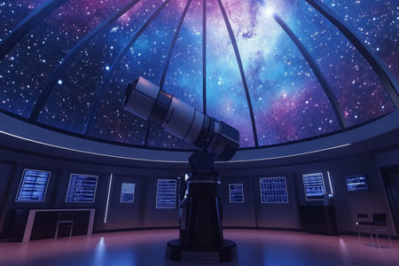 A sleek futuristic observatory dome 3D background room with transparent walls revealing an open starry sky, a massive telescope aimed at a distant galaxy, and glowing data panels monitoring celestial activity.の素材