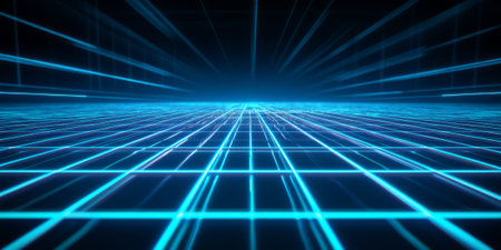 A futuristic 3D background with a vast, illuminated data grid extending into the horizon. The pulsating neon blue lines create a cybernetic, high-tech aesthetic perfect for digital themes.の素材