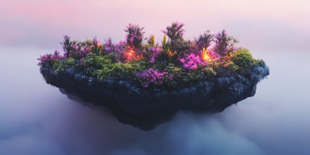 A fantasy-inspired 3D background depicting a floating island covered in glowing, bioluminescent vegetation. The soft mist surrounding the scene enhances the magical and otherworldly ambiance.の素材
