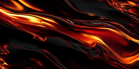 A surreal 3D background depicting an abstract lava flow made of glowing red and gold liquid metal, moving slowly across a dark, rocky terrain. The contrast between warmth and darkness creates an intense visual impact.の素材