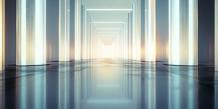 A surreal 3D background showcasing an infinite corridor lined with translucent, glowing columns. The soft ambient light creates a dreamlike atmosphere, with reflections on the smooth glass-like floor adding depth.の素材