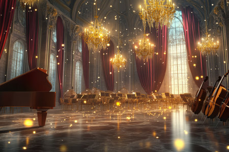 A grand enchanted ballroom 3D background room with golden chandeliers shimmering above a polished marble floor, deep crimson velvet curtains framing tall arched windows, magical fireflies floating through the air, and an orchestra's instruments resting in anticipation of a performance.の素材