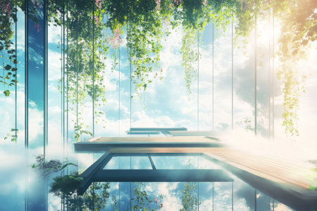 A floating sky garden 3D background room with hanging vines, massive transparent windows revealing clouds below, and wooden platforms connected by glowing bridges. The soft, ethereal lighting enhances the feeling of serenity and weightlessness.の素材